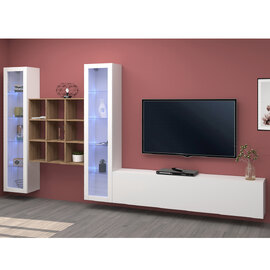 Mcrae LED White Glossy L Shape Entertainment Unit With 2 Glass Doors And 9 Shelves In Oak