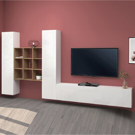 Mcrae LED White Glossy L Shape Entertainment Unit With 3 Doors In Oak