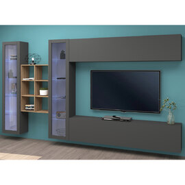 Mcrae LED Wooden Entertainment Unit With 2 Glass Doors And 6 Shelves In Anthracite Oak