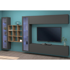 Mcrae LED Wooden Entertainment Unit With 2 Glass Doors And 9 Shelves In Anthracite Oak