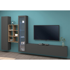 Mcrae LED Wooden L Shape Entertainment Unit With 1 Glass Door And 6 Shelves In Anthracite Oak