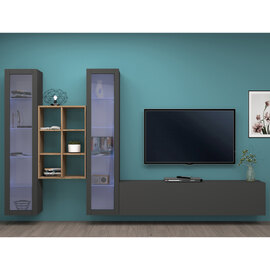 Mcrae LED Wooden L Shape Entertainment Unit With 2 Glass Doors And 6 Shelves In Anthracite Oak