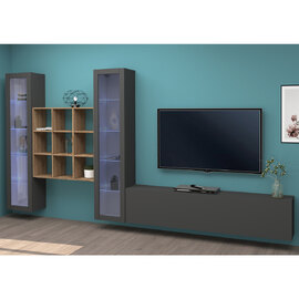 Mcrae LED Wooden L Shape Entertainment Unit With 2 Glass Doors And 9 Shelves In Anthracite Oak