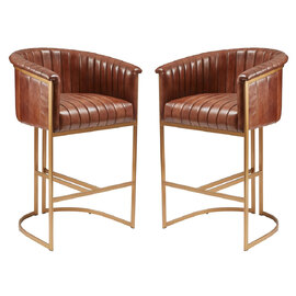 Medinah Pecan Brown Genuine Leather Bar Stools In Pair