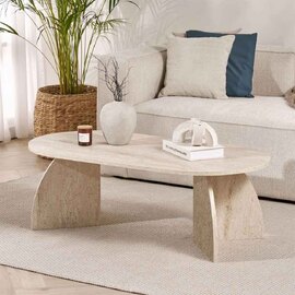 Melaro Wooden Oval Coffee Table in Travertine Marble Effect