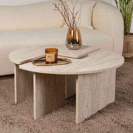 Melira Wooden Nest Of 2 Coffee Table in Travertine Marble Effect
