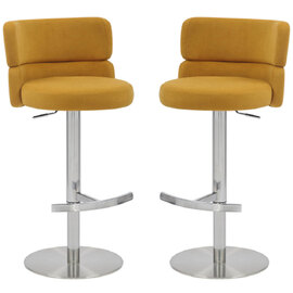 Melrose Mustard Velvet Bar Stools with Chrome Base in Pair