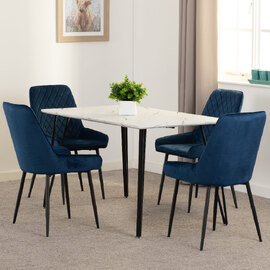Mequon White Marble Effect Dining Table With 4 Avah Blue Chairs