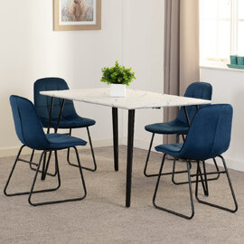 Mequon White Marble Effect Dining Table With 4 Lyster Blue Chairs