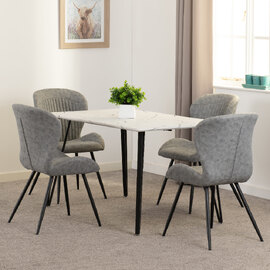 Mequon White Marble Effect Dining Table With 4 Qinson Grey Chairs
