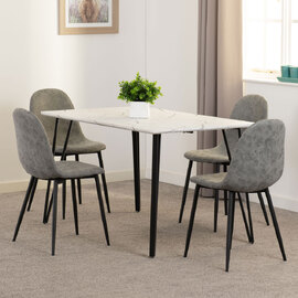 Mequon White Marble Effect Top Dining Table with 4 Alsip Grey Chairs