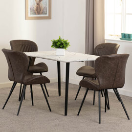 Mequon White Marble Effect Top Dining Table with 4 Brown Chairs