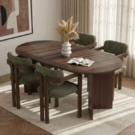 Meridale Milano Walnut Oval Wooden Dining Table with 4 Green Chairs