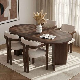 Meridale Milano Walnut Oval Wooden Dining Table with 4 White Chairs