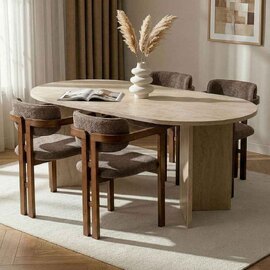 Meridale Travertine Marble Effect Oval Wooden Dining Table with 4 Brown Chairs