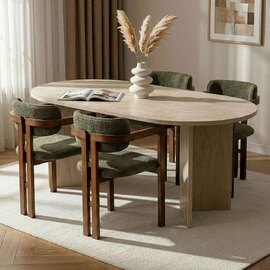 Meridale Travertine Marble Effect Oval Wooden Dining Table with 4 Green Chairs