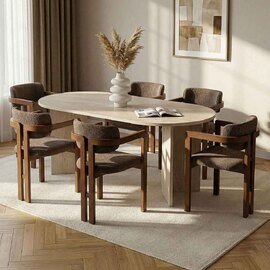 Meridale Travertine Marble Effect Oval Wooden Dining Table with 6 Brown Chairs