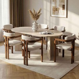 Meridale Travertine Marble Effect Oval Wooden Dining Table with 6 White Chairs