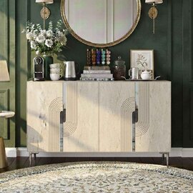 Meyra Wooden Sideboard in White and Travertine Marble Effect