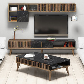 Milan Wooden Entertainment Unit with Coffee Table Set in Walnut and Black
