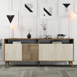 Milan Wooden Sideboard with 4 Doors in Walnut and Travertine Marble Effect