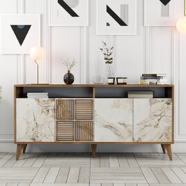 Milan Wooden Sideboard with 4 Doors in Walnut and White Marble Effect