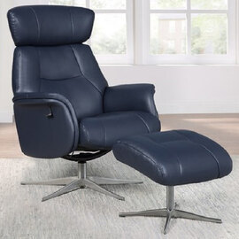 Milligan Leather Recliner Chair With Stool In Navy