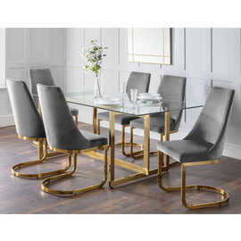 Macarena Clear Glass Dining Table With 6 Vangie Grey Chairs