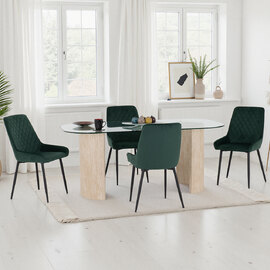 Mirano Clear Glass Top Dining Table With 4 Avah Emerald Green Chairs