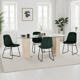 Mirano Clear Glass Top Dining Table With 4 Lyster Emerald Green Chairs