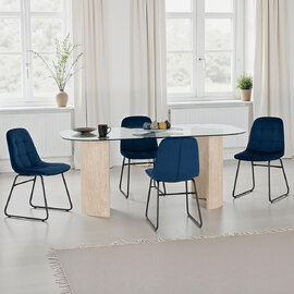 Mirano Clear Glass Top Dining Table With 4 Lyster Sapphire Blue Chairs