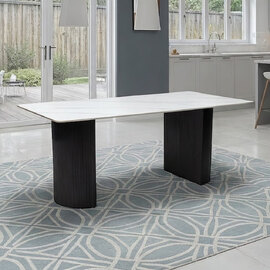 Modena White Sintered Stone Top Dining Table with Charcoal Ribbed Base