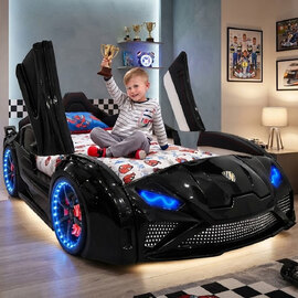 Motori Black ABS Lamborghini Children Car Bed with Leather Seat and LED