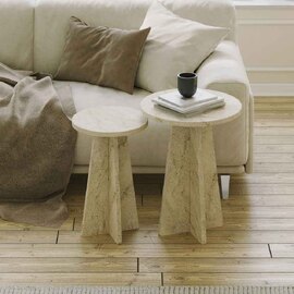 Mushroom Round Wooden Nesting Side Tables in Travertine Marble Effect