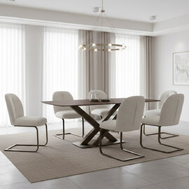 Myrex Walnut Sintered Stone Dining Table with 6 White Chairs