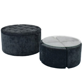 Myrion Clear Tempered Glass Top Coffee Table Set with 4 Fabric Stools in Black