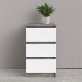Nakou High Gloss Bedside Cabinet With 3 Drawers In Concrete And White