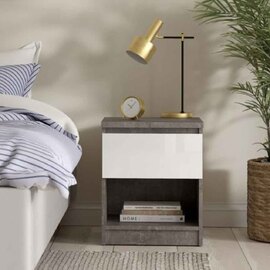 Nakou High Gloss Bedside Cabinet With 1 Door In Concrete And White
