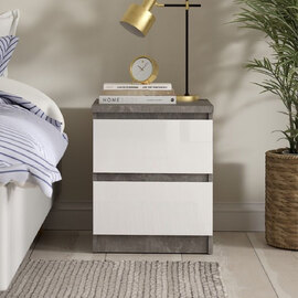 Nakou Wooden Bedside Cabinet With 2 White Gloss Drawers In Concrete