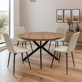 Nassau Dark Oak Large Wooden Dining Table with 4 Pomel Stone Chairs