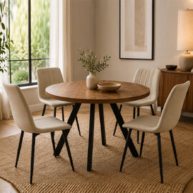 Nassau Dark Oak Small Round Wooden Dining Table with 4 Pomel Stone Chairs