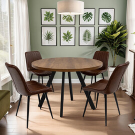 Nassau Dark Oak Small Round Wooden Dining Table with 4 Pomia Tan Chairs