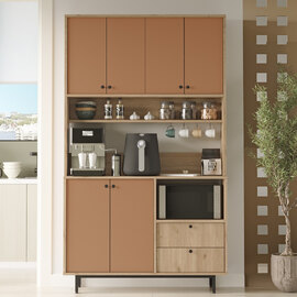 Velano Wide Wooden Coffee Station Cabinet with 6 Tile Red Doors in Oak