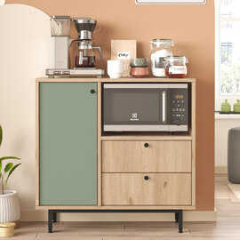 Velano Wooden Coffee Station Cabinet with 1 Green Door 2 Drawers in Oak