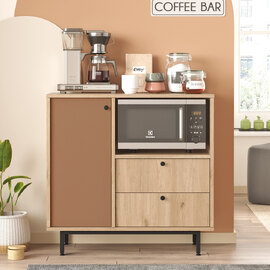Velano Wooden Coffee Station Cabinet with 1 Tile Red Door 2 Drawers in Oak