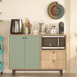Velano Wooden Coffee Station Cabinet with 2 Green Doors 2 Drawers in Oak
