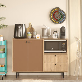 Velano Wooden Coffee Station Cabinet with 2 Tile Red Doors 2 Drawers in Oak