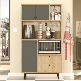 Velano Wooden Coffee Station Cabinet with 3 Anthracite Doors 2 Drawers in Oak