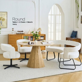 Nertan Round Solid Wood Dining Table Set in Ivory and Oak