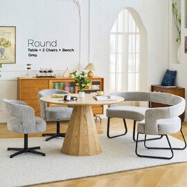 Nertan Round Solid Wood Dining Table Set in Grey and Oak